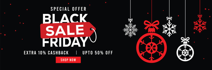 Obraz premium Festive Black Friday sale banner featuring hanging snowflake ornaments and Christmas baubles, bold red and white text, special offer, cashback and discount, elegant holiday design for promotions.