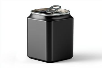 Sleek black soda can with open tab on a clean surface, advertising beverage product