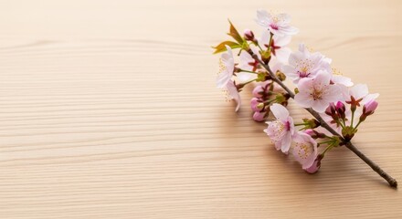 Cherry blossom branch with pink flowers on wooden table for Lunar New Year  