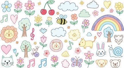 Colorful hand drawn doodle set with flowers animals and rainbow