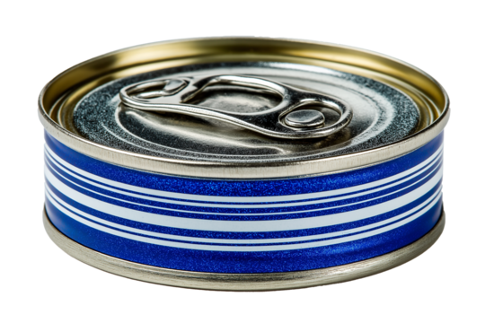 Metal food tin with blue and white stripes and easy-open pull tab for convenience.