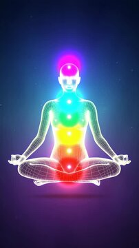 Meditating woman hologram displaying seven chakras, spiritual energy points concept, wireframe body in lotus pose, colorful glow