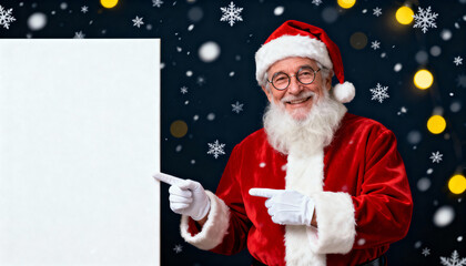 Santa Claus pointing at blank sign in snowy Christmas setting