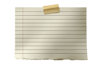 Old ruled paper note with tape, isolated on white background, ready for writing