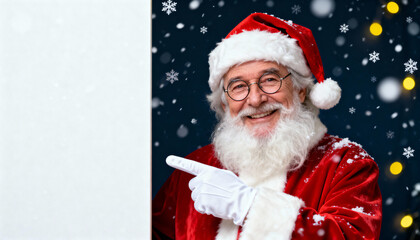 Santa Claus pointing at blank sign in snowy Christmas setting