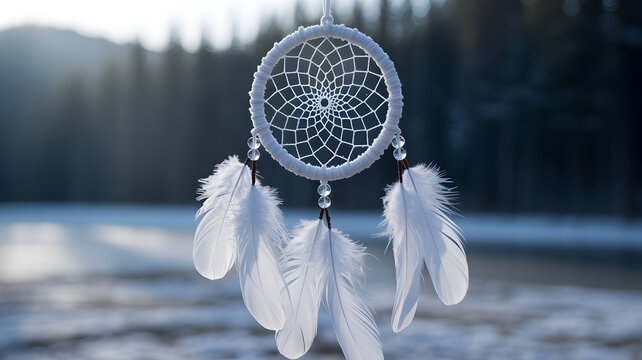 Dreamcatcher hanging with white feathers against a blurred natural background. - Powered by Adobe