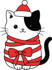 Festive holiday cat wrapped in a ribbon wearing a santa hat