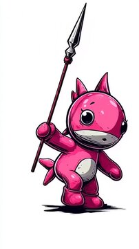 Cartoon Shark Warrior - A Pink Character with Spear Illustration.