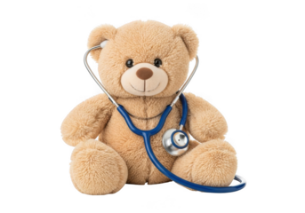 A cute teddy bear with a stethoscope isolated on transparent background, symbolizing pediatric care, childhood illness, and comforting young patients