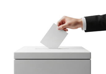 Hand putting ballot in box isolated on transparent background, symbolizing democracy, voting, election, and civic participation