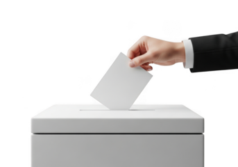Hand putting ballot in box isolated on transparent background, symbolizing democracy, voting, election, and civic participation