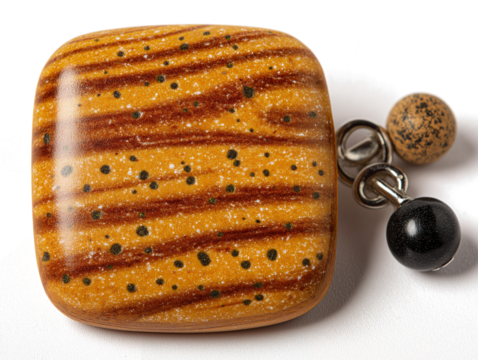 Close-up macro shot of a tiger-striped ceramic bead and metal findings for jewelry.