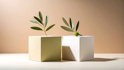 Stylized olive branch layered over two evenly toned abstract shapes