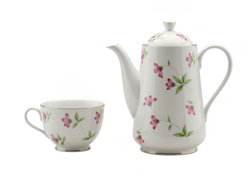 Elegant porcelain tea set isolated on transparent background teapot and cup with delicate floral pattern refined tableware for afternoon tea