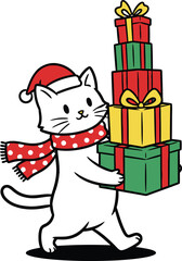 Festive cat carrying stack of christmas presents in holiday spirit