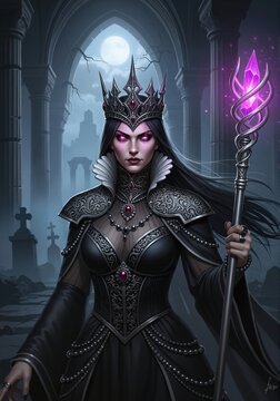 A powerful dark fantasy queen with glowing purple eyes. Vertical portrait of a gothic sorceress holding a magic staff in a graveyard at night