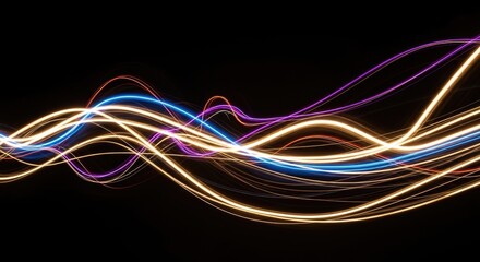 Dynamic Energy Stream: A mesmerizing visual of flowing light trails in vibrant hues, suggesting connectivity and digital flow. Perfect for projects about energy, data, or futuristic design.
