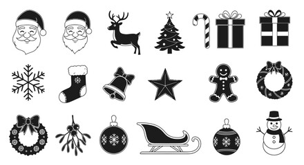 Naklejka premium Festive Icons: A collection of meticulously crafted, elegant black and white icons that embody the spirit of the holiday season, perfect for adding a touch of festive flair to any design or project.