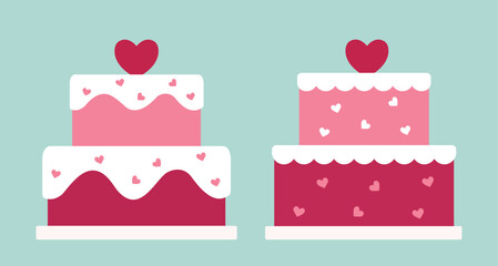 Set of stacked cakes decorated with hearts flat vector.
For celebrating Valentine's Day, wedding, Mother's Day, anniversaries and birthdays.