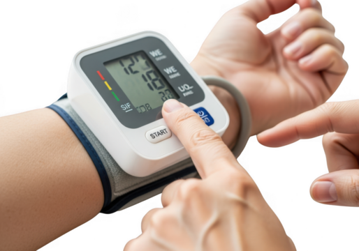 Person checking blood pressure with digital monitor isolated on transparent background healthcare and medical concept, monitoring health at home