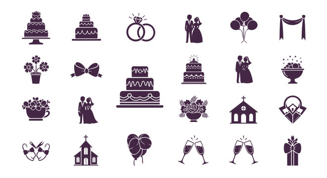 Wedding Icon Collection: A meticulously curated array of iconic symbols embodies the essence of weddings, from celebratory cake to romantic rings. It's a visual celebration of love.