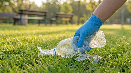 Person picking up plastic bottle and trash from grass in park environment. Plastic waste concept.