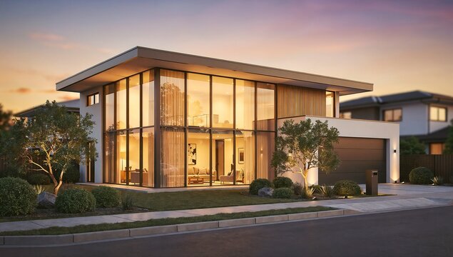 A sleek modern home with clean architectural lines and large glass windows, glowing with warm interior lighting at sunset in a quiet, upscale neighborhood.