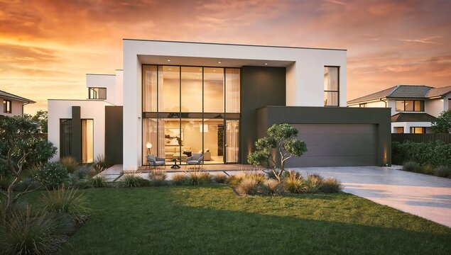 A sleek modern home with clean architectural lines and large glass windows, glowing with warm interior lighting at sunset in a quiet, upscale neighborhood.
- Powered by Adobe