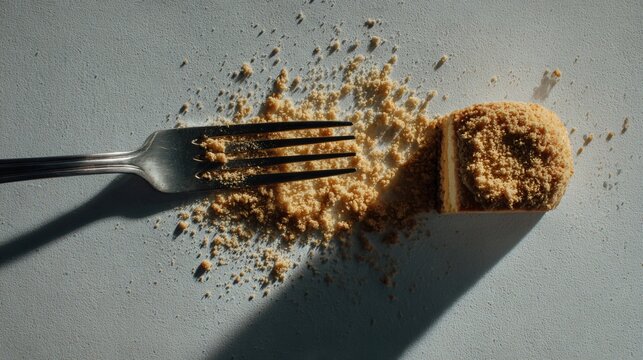 Flat lay of cake crumbs and fork shadow, editorial food minimalism