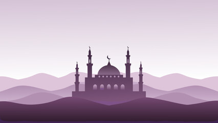 Silhouette of a mosque with minarets and crescent moon against a backdrop of rolling hills at dusk