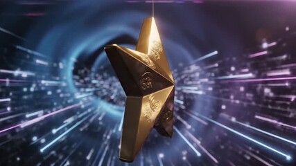 Golden Star Award Rotating in a Futuristic Light Tunnel with Dynamic Streaks.