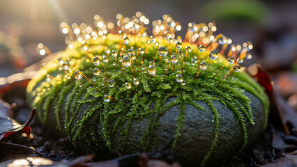 Macro shot of a vibrant green moss cluster adorned with glistening water droplets