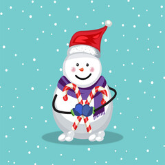 snowman holding candies during snowfall