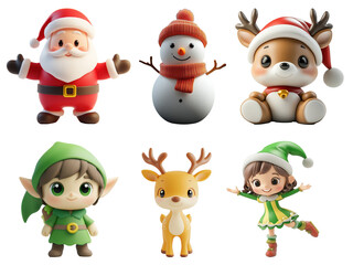 Obraz premium Cute 3D Christmas characters set including Santa, snowman, reindeer, elf on transparent background