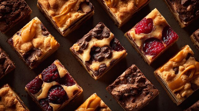 Overhead grid of dump cake slices, geometric food styling