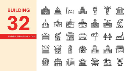 A comprehensive vector set of editable stroke line icons representing various buildings, architecture, and famous landmarks for graphic design projects