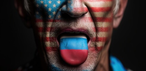 A man displays a painted face featuring the American flag, sticking out his blue tongue. This scene captures a vibrant moment of patriotism.
