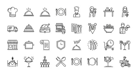 A comprehensive vector collection of 37 thin line icons representing restaurant, food delivery, and catering services