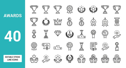 Awards and Achievements Line Icons Trophies, Medals & Certificates
