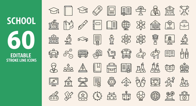 Extensive collection of 60 stroke line vector icons illustrating various facets of school, education, science, and academic life, perfect for learning and knowledge-related designs