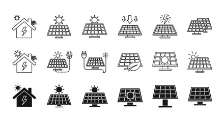 Solar panels and house icons representing renewable energy and sustainable power generation technology
