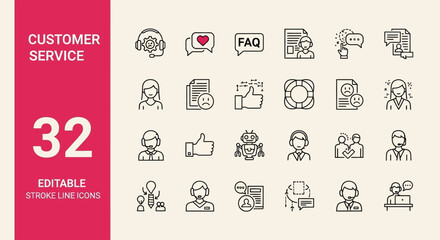 Customer Service Editable Stroke Line Icons - 32 Vector Illustrations for Support and Assistance