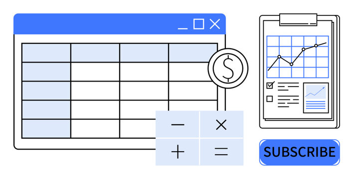 Spreadsheet with financial data, calculator buttons, and analytics chart on report form. Ideal for finance, budgeting, analysis, subscription services, digital tools, business growth simple flat