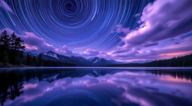 Stunning night sky with star trails over a serene mountain lake reflecting vibrant purple and blue hues