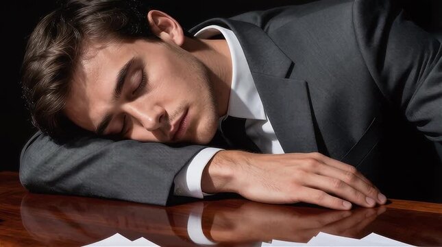Hombre de negocios joven exhausto durmiendo sobre un escritorio de caoba pulida