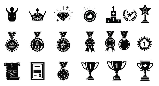 Diverse collection of black vector icons symbolizing achievement, success, and recognition. Features awards, trophies, medals, and celebratory symbols for graphic design