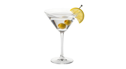 Elegant and classic martini cocktail garnished with green olives and a fresh lemon slice, isolated on a clean white background