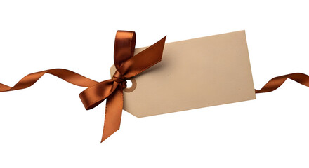 Blank gift tag with brown ribbon bow on white background, perfect for adding personalized messages or labels