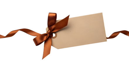 Blank gift tag with brown ribbon bow on white background, perfect for adding personalized messages or labels