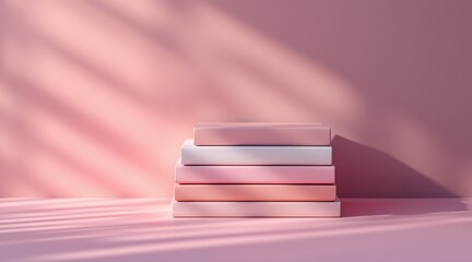 Stack of pink and white books on a pink background with natural light shadows, creating a soft, aesthetic scene